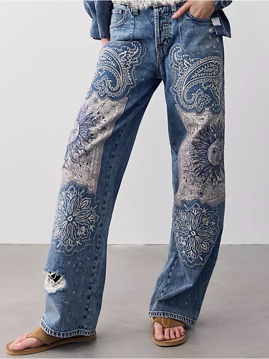 Free People Denim - Free People Blue Patchwork Paisley & Sun Wide-Leg Jeans